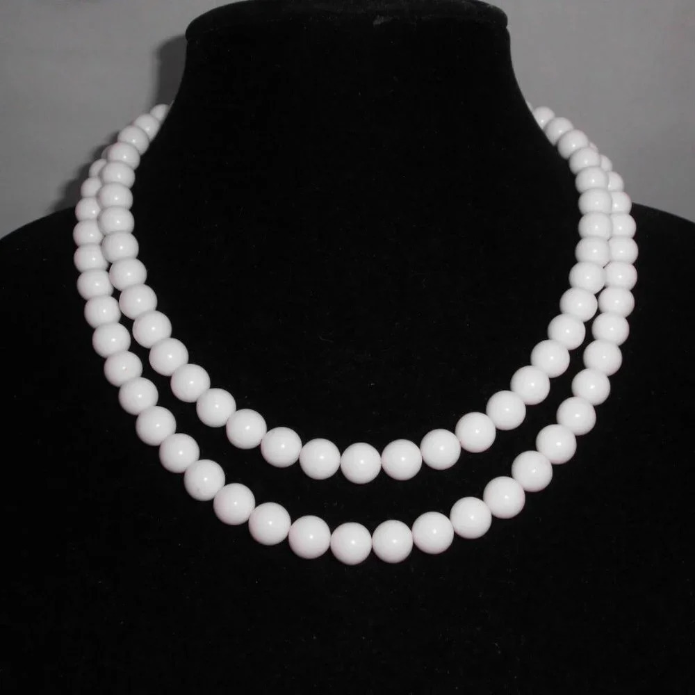 Silver Tone White Lucite Plastic Dual Strand Bead